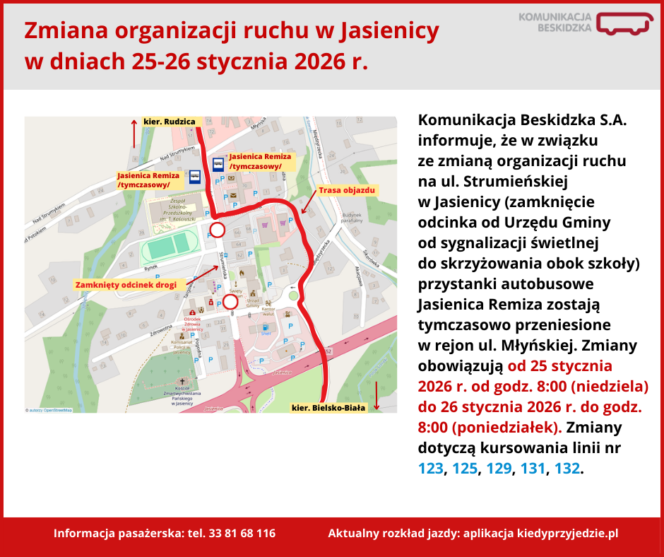 Zmiana organizacji ruchu w Jasienicy w dniach 25-26 stycznia 2026 r.